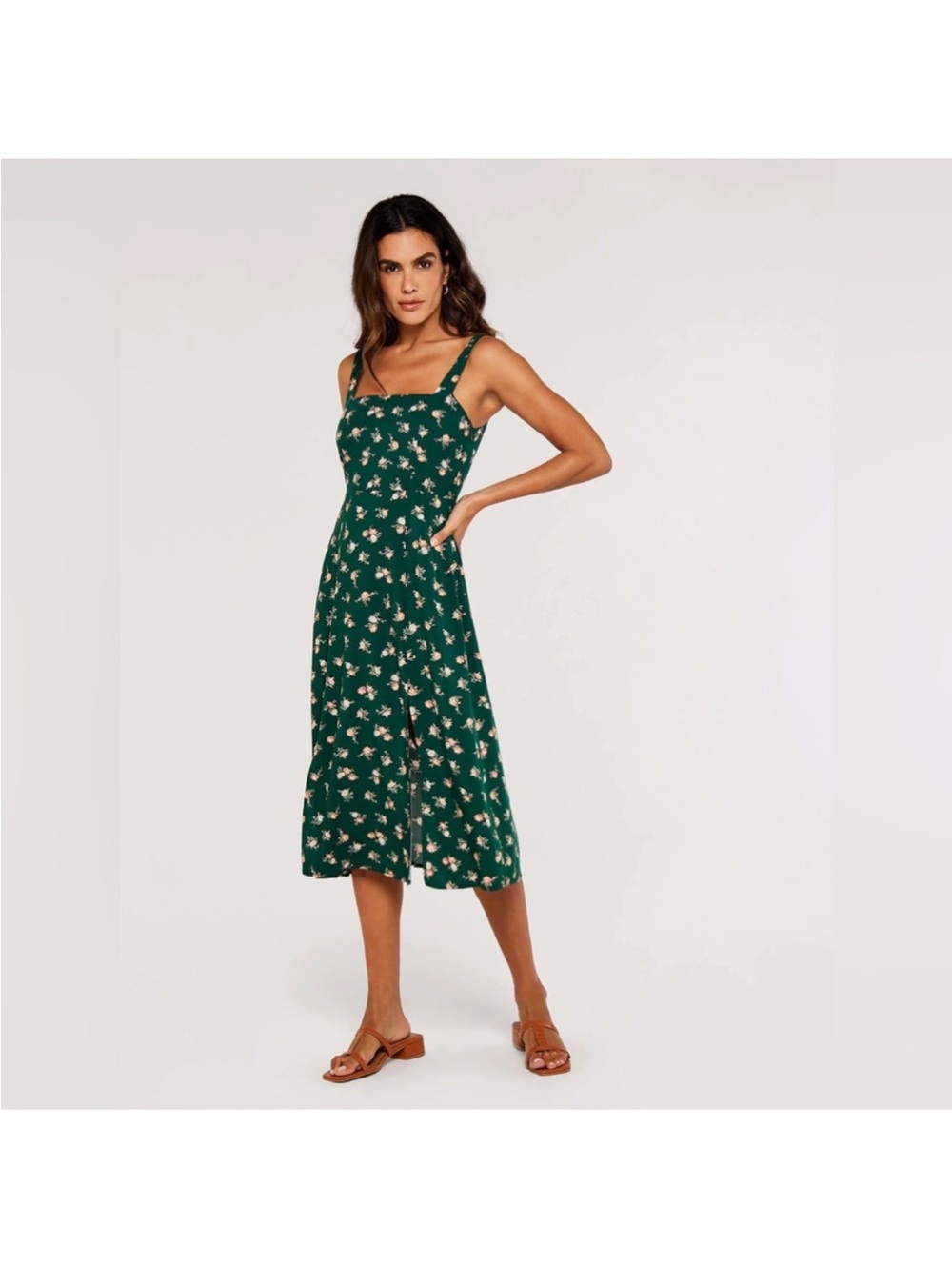 APRICOT NWT Emerald Green Floral Square Neck Midi Dress